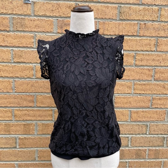 H&M Tops - H&M Black High Neck Short Sleeve Lace Blouse Size XS Work Office Corporate